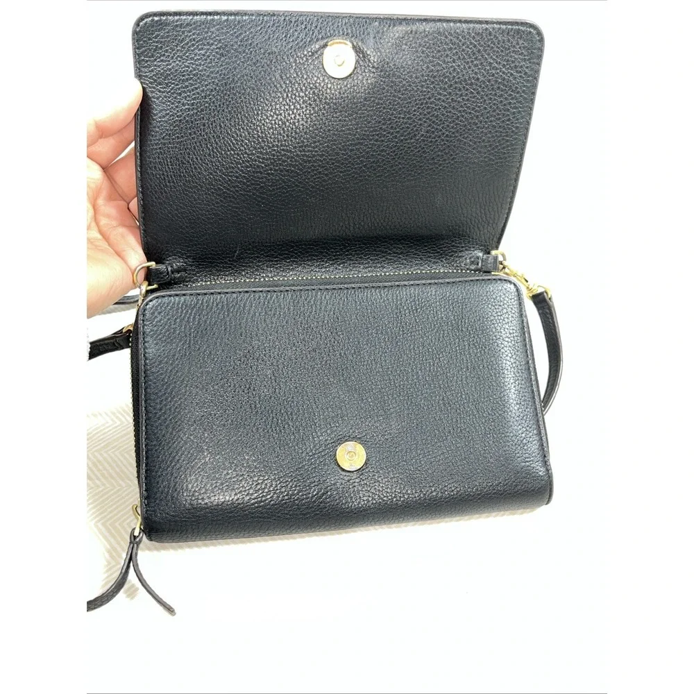 Tory Burch McGraw Flat Pebbled Leather Wallet‎ Crossbody Black Clutch Bag Gold